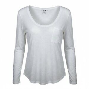 Three Dots Scoop Neck Pocket Tee Sz Small White Slub Jersey Knit Long Sleeve Top